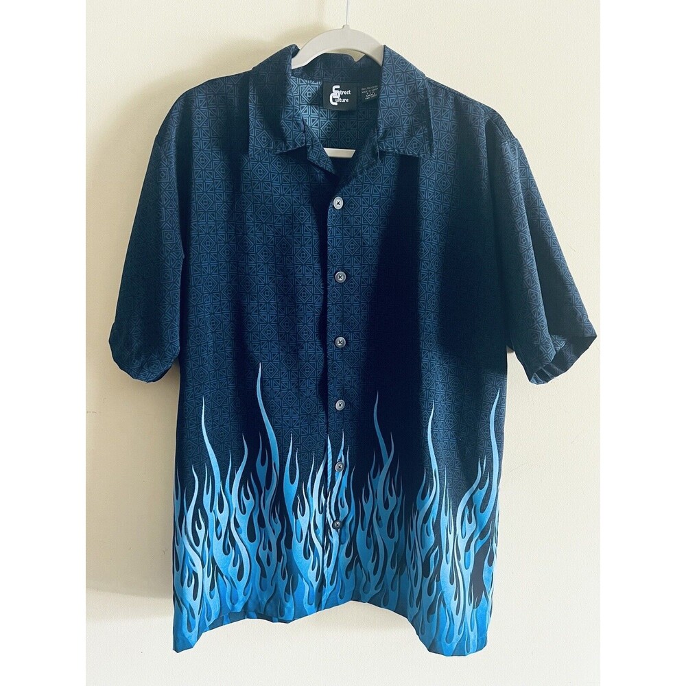 Street Culture  Y2K skater Button Up Shirt Men's S Blue‎ Geometric Bottom Flames